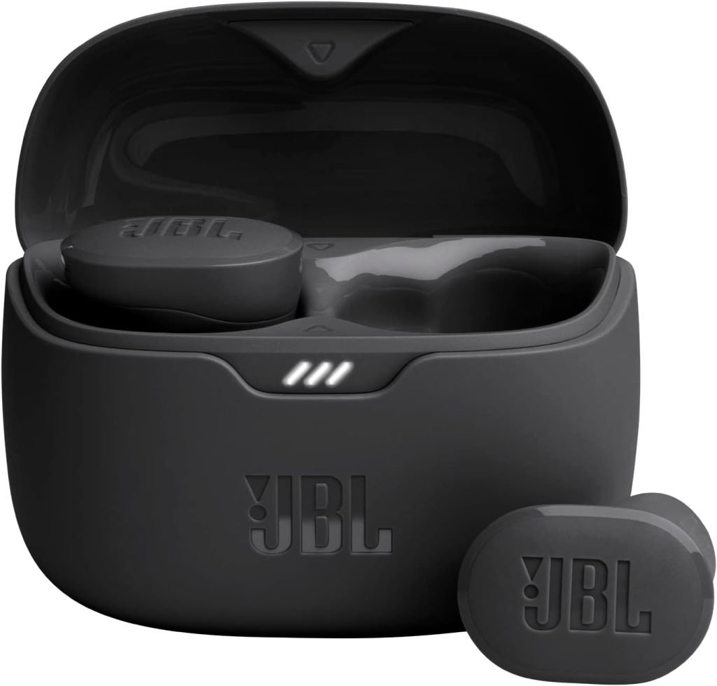 Black JBL wireless earbuds in an open charging case, available on Amazon Prime, with three LED lights illuminated on the front.