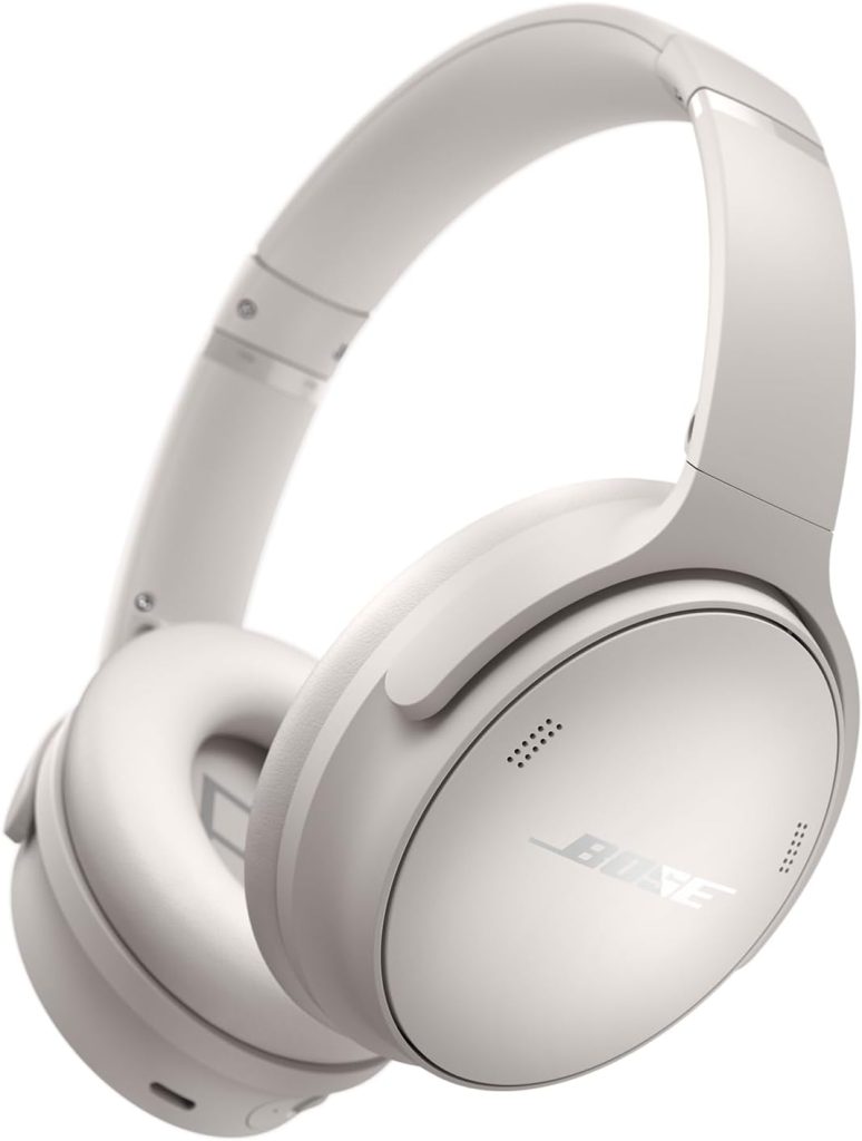 White over-ear Bose headphones with the logo on the ear cup, shown sideways against a plain background. Available on Amazon Prime for fast and reliable delivery.