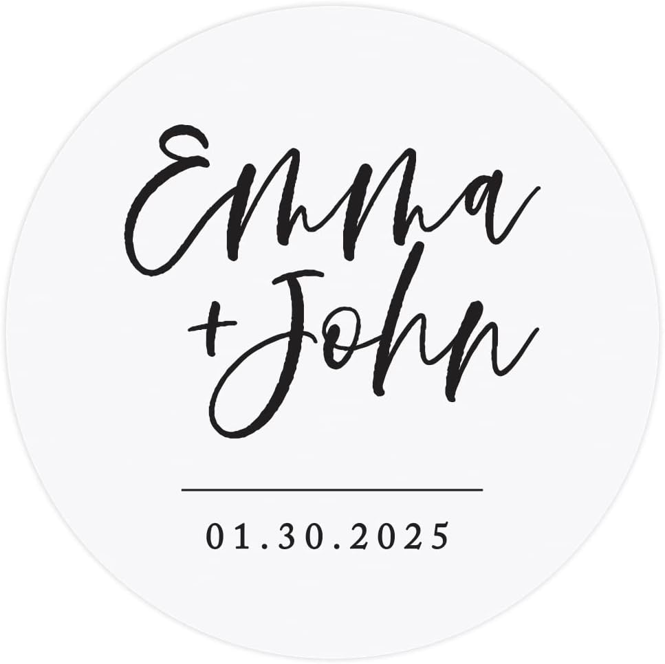 White circular design featuring "Emma + John" in black cursive above a line, with "01.30.2025" in black below—perfect for custom glass water bottles or personalized keepsakes.