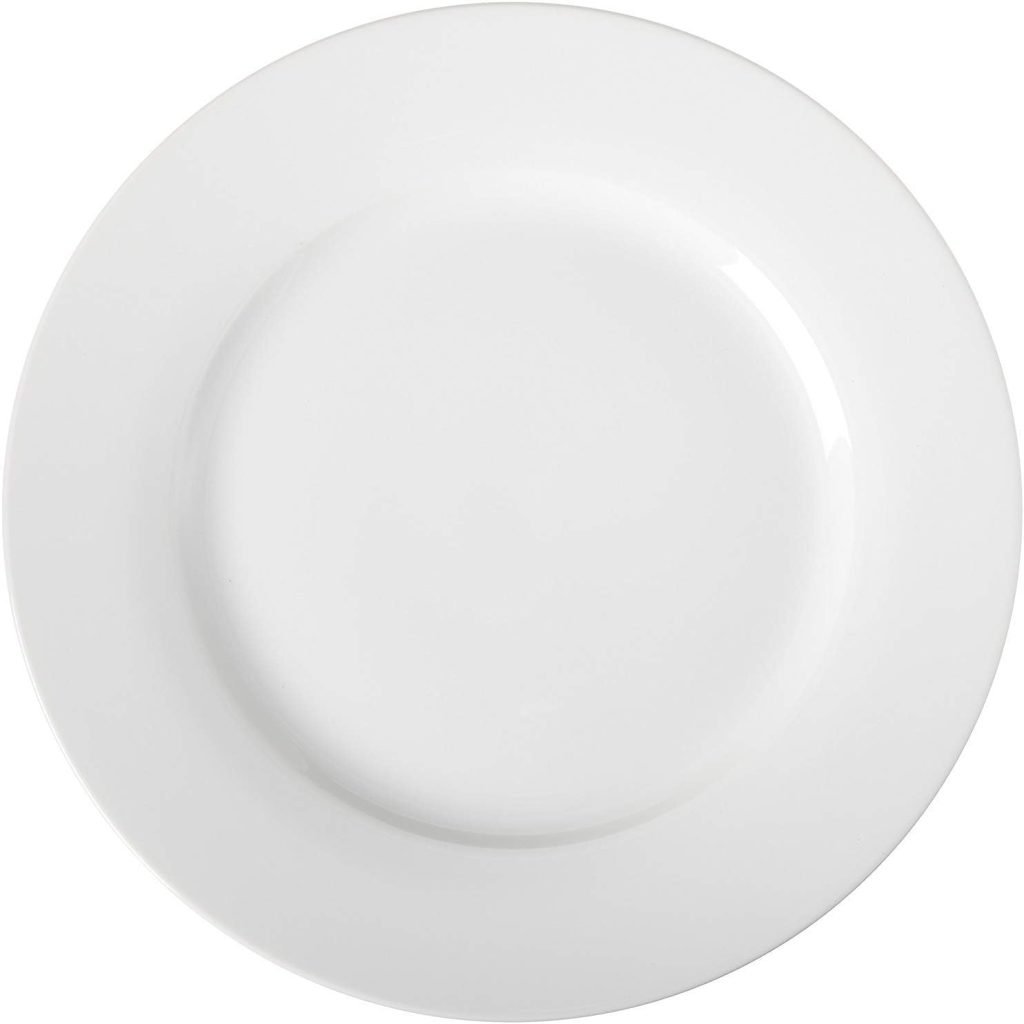 A plain white ceramic dinner plate with a smooth surface, available for quick delivery through Amazon Prime, set against a white background.