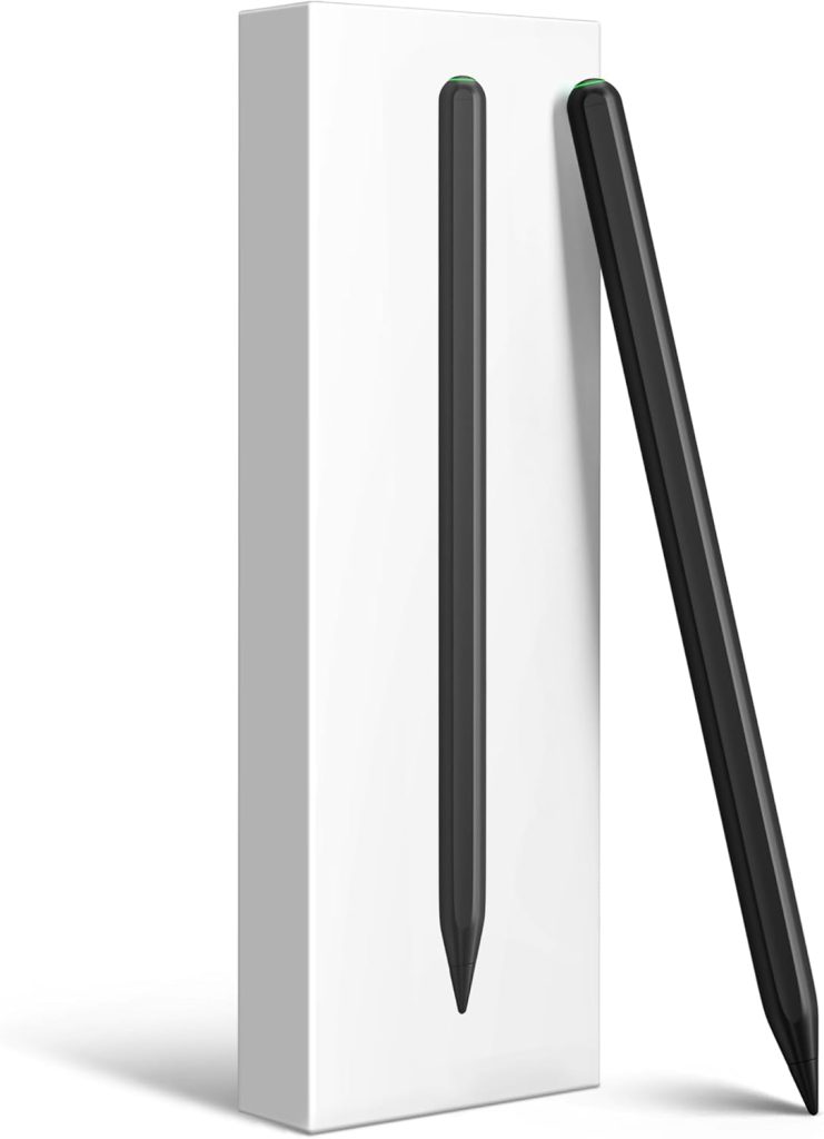 A black stylus with a green accent near the tip stands upright beside a white box, ready for use. Perfect for Amazon Prime members seeking sleek and functional design in their tech accessories.