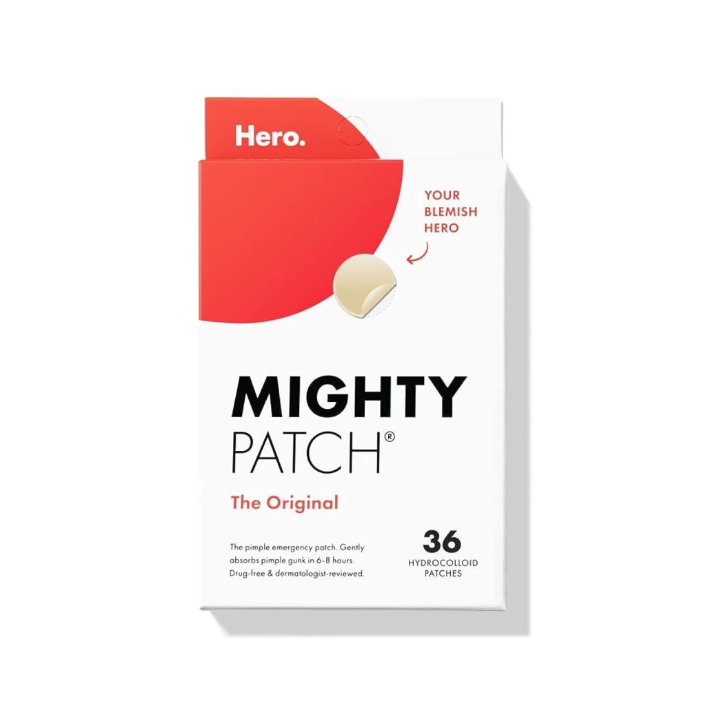 Box of Mighty Patch The Original with 36 hydrocolloid patches, featuring a red semicircle design and "Your Blemish Hero" text. Available for quick delivery through Amazon Prime.