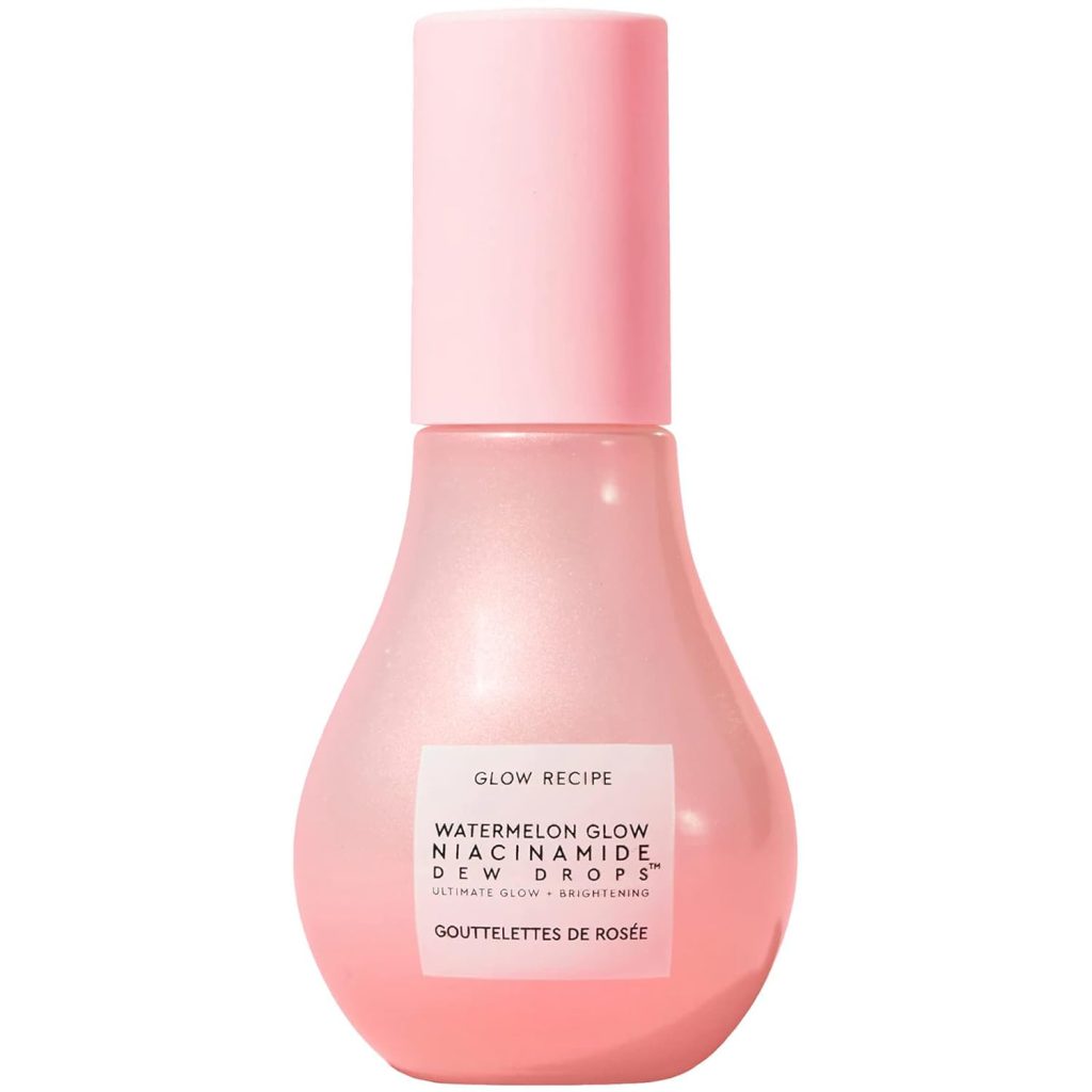 A pink bottle labeled "Glow Recipe Watermelon Glow Niacinamide Dew Drops" with a white cap, now available on Amazon Prime.