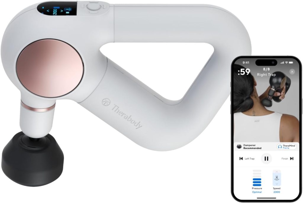 A Therabody massage device with a digital display is shown alongside a smartphone featuring its massage app interface, available exclusively on Amazon Prime.