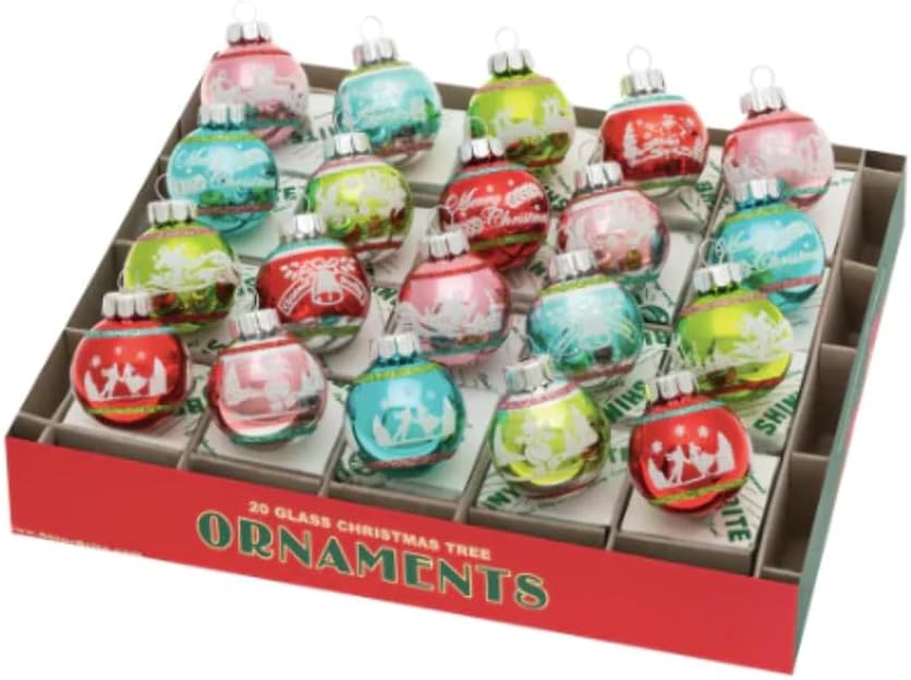 A box of 20 glass Christmas tree ornaments featuring various designs and colors, arranged in a grid-like pattern.