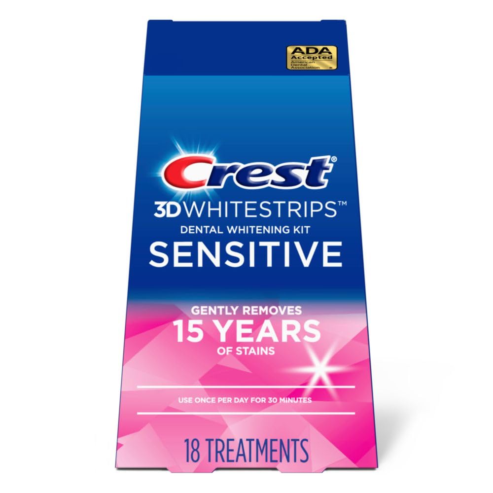 The Crest 3D Whitestrips Sensitive Dental Whitening Kit, available on Amazon Prime, promises to gently erase 15 years of stains with its 18 effective treatments.