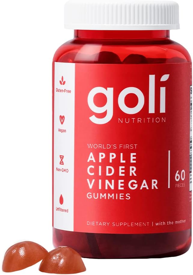 A bottle of Goli Nutrition Apple Cider Vinegar Gummies, labeled gluten-free, vegan, non-GMO, and unfiltered, with two gummies beside it. Available on Amazon Prime for fast delivery. Contains 60 pieces.