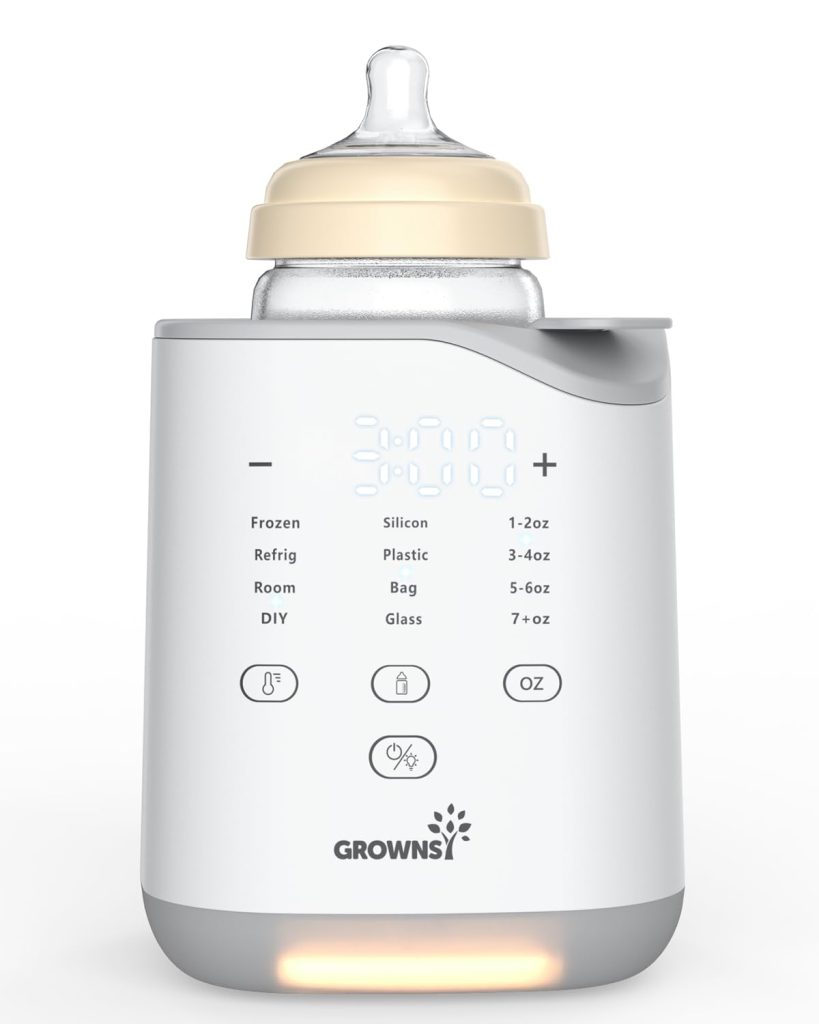 An Amazon Prime exclusive, this digital baby bottle warmer includes a bottle inside and features control buttons for settings like temperature and material type. It has a display with numbers and a silicone nipple on top for ultimate convenience.