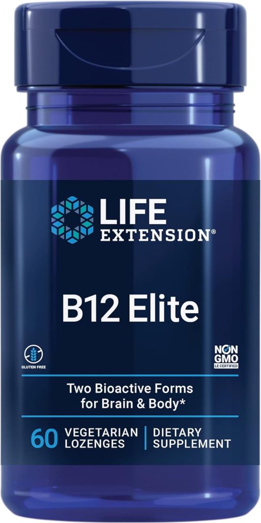 A bottle of Life Extension B12 Elite, available with Amazon Prime, features 60 vegetarian lozenges labeled for brain and body support. It is gluten-free and non-GMO.