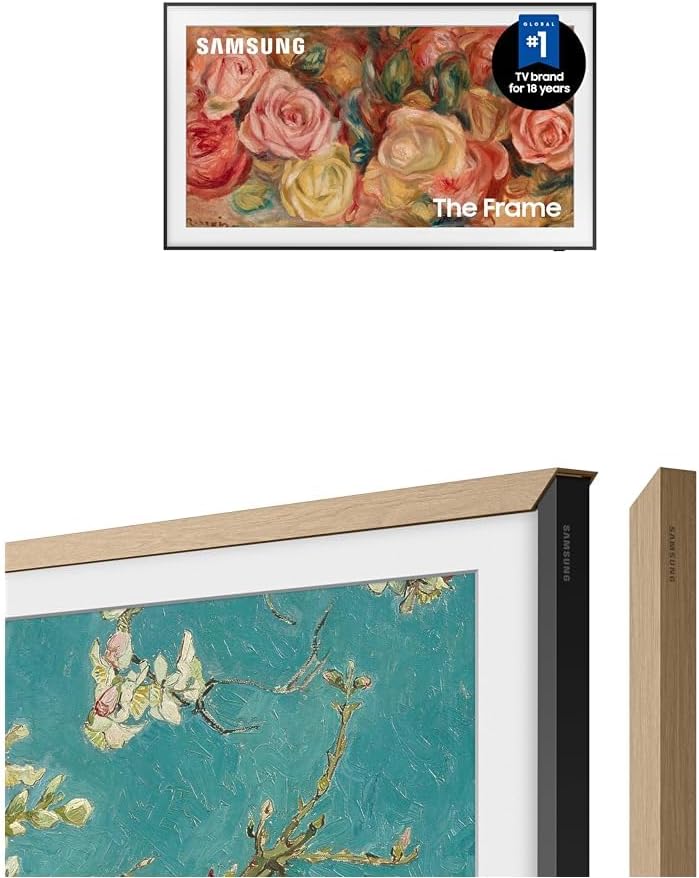 Samsung "The Frame" TV, available on Amazon Prime, displays stunning floral art with a close-up of its elegant wooden edge design.