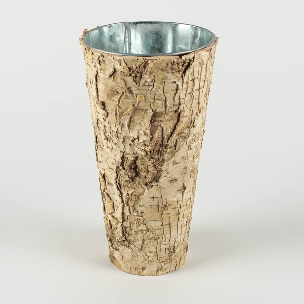 Tall vase with a textured outer surface resembling tree bark and a metallic interior, perfect for Friendsgiving ideas to add a rustic charm to your table setting.