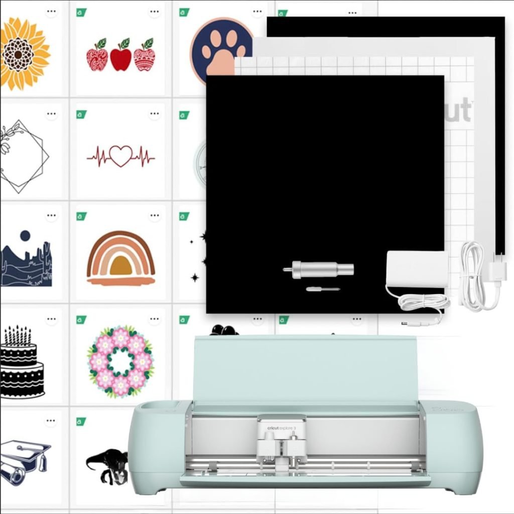 A Cricut machine, available on Amazon Prime, is placed in front of various design samples, with accessories like a cutting mat and power cord.