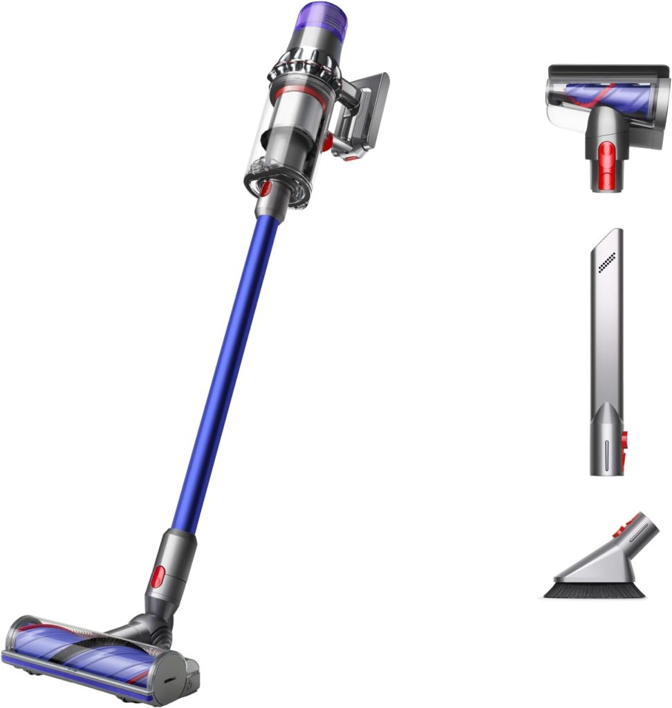 Cordless stick vacuum cleaner with a blue shaft, available on Amazon Prime, featuring various attachments like a brush, crevice tool, and motorized head.