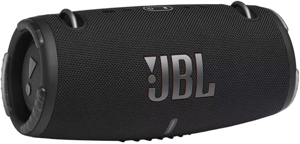 This portable black JBL Bluetooth speaker, available on Amazon Prime, features a sleek cylindrical design with side passive radiators and the iconic JBL logo prominently displayed on the grille.