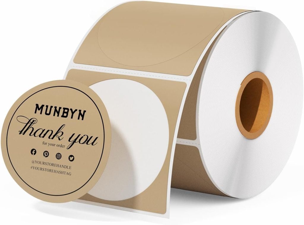 Roll of "Thank you for your order" stickers in beige and white with customizable text fields for store handle and hashtag.