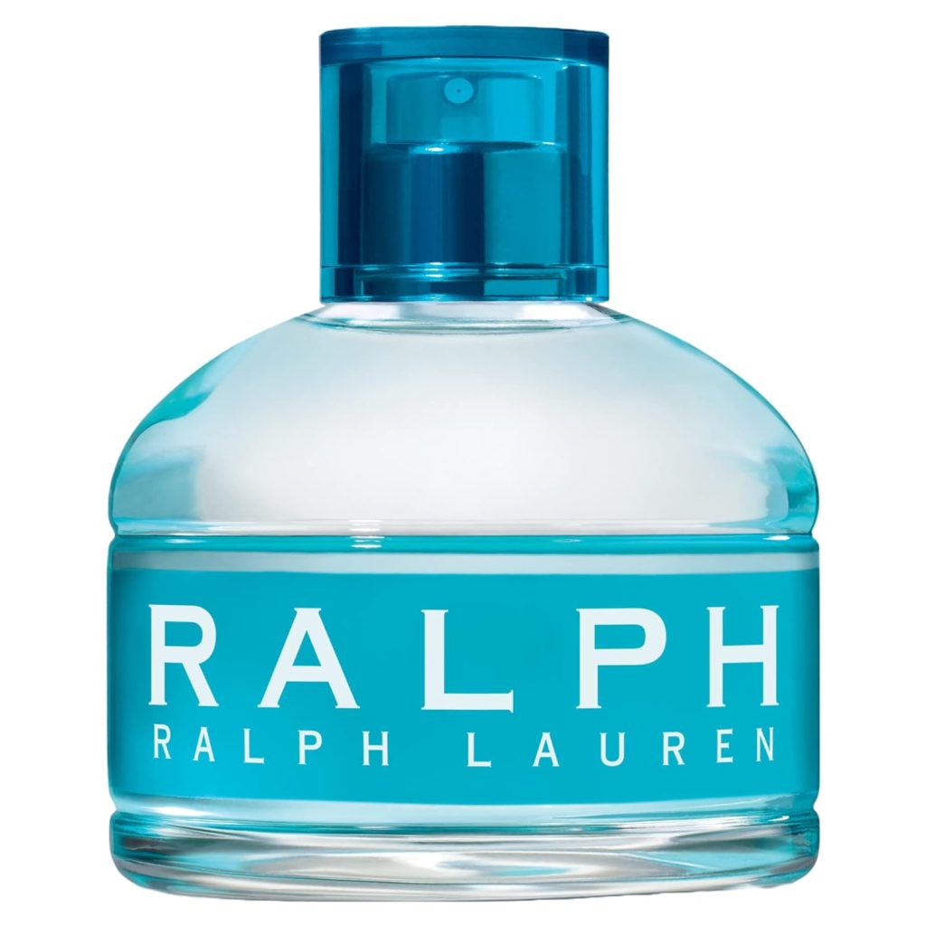 A clear round bottle of Ralph Lauren perfume features a turquoise cap and label, seamlessly available through Amazon Prime.