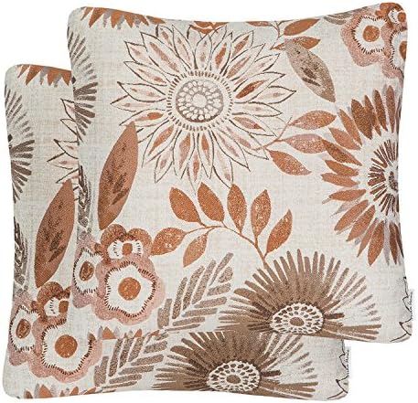 Two decorative pillows with a floral pattern in earthy tones on a light background.