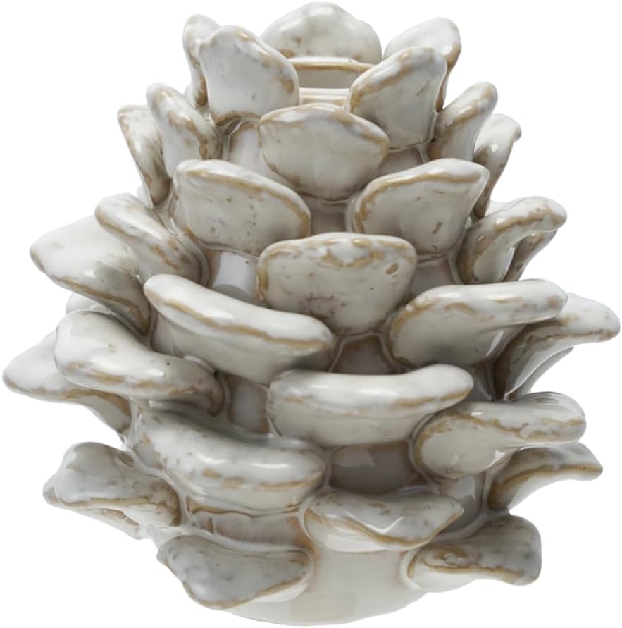 A ceramic sculpture resembling a white pine cone with a glossy, slightly speckled finish, perfect for adding a unique twist to your pumpkin craft decor.