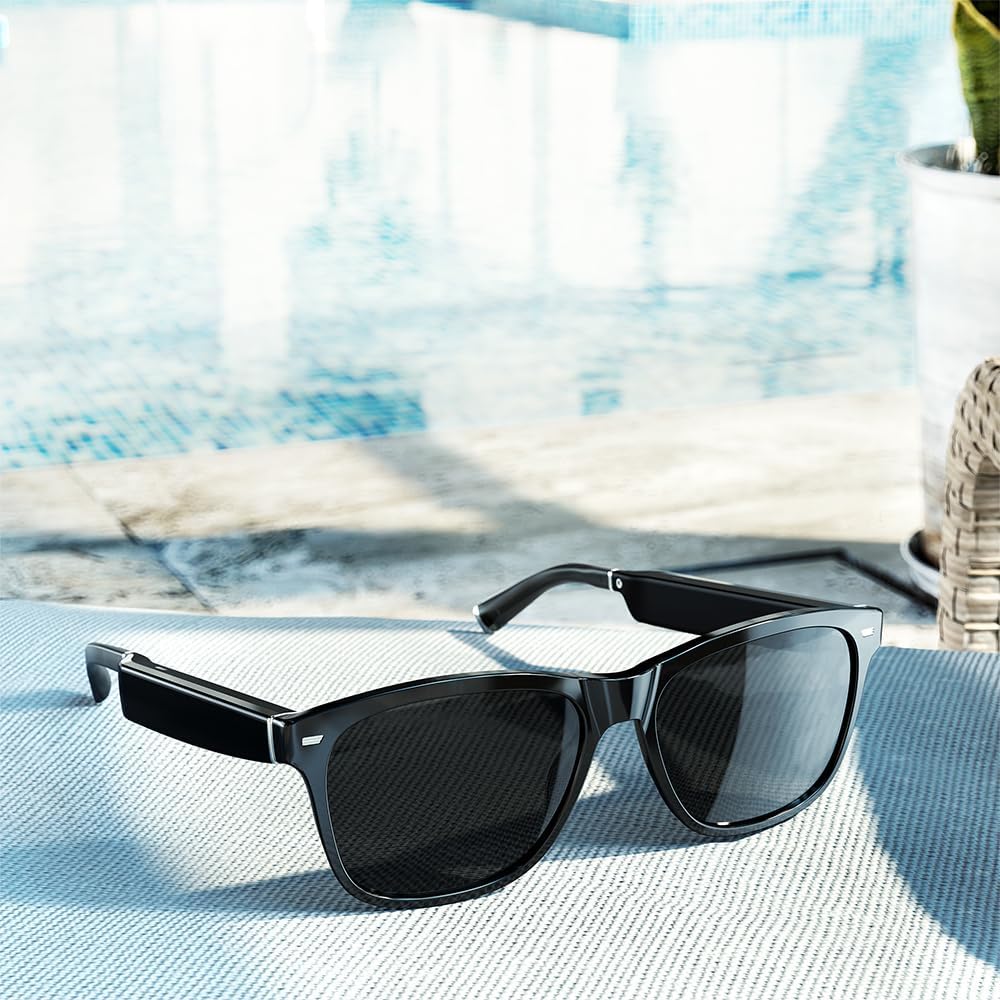 Black sunglasses placed on a light blue surface near a swimming pool, ready for a perfect day of relaxation, just like the convenience and speed of Amazon Prime.