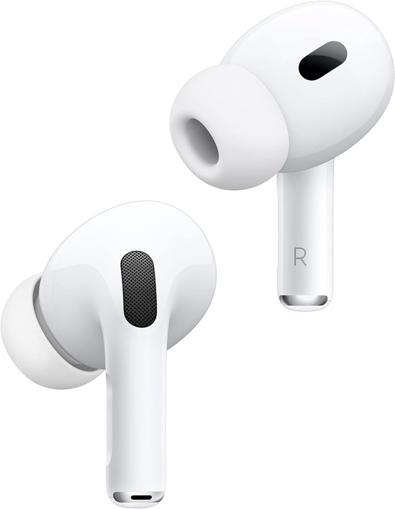 Close-up of two white wireless earbuds with silicone ear tips, visible L and R markings, available on Amazon Prime.