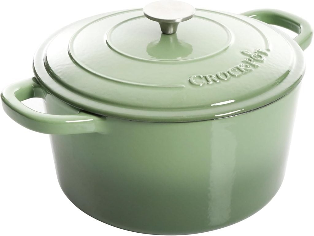 Green Crock-Pot Dutch oven with a metallic knob on the lid, featuring side handles.