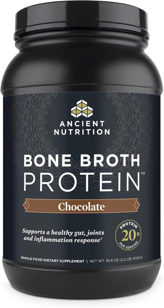 A 2.2 lb container of Ancient Nutrition Bone Broth Protein in chocolate flavor, available on Amazon Prime, supports gut and joint health and inflammation response with 20g protein per serving.