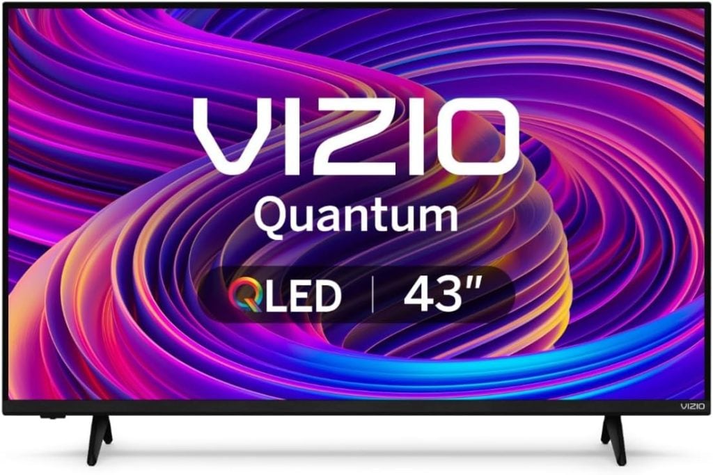 The Vizio Quantum QLED 43-inch TV, available on Amazon Prime, showcases a vibrant swirling pattern on the screen.