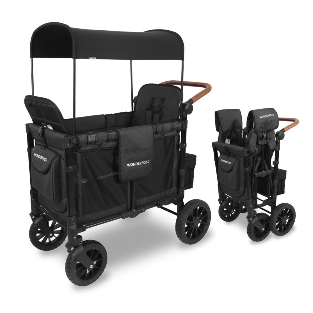 Black Wonderfold wagon with canopy and tan handles, available on Amazon Prime, shown open and folded for storage.