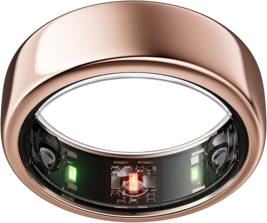 A close-up of a metallic smart ring with visible sensors and pulsating lights on the inner band, resembling a high-tech gadget available on Amazon Prime.