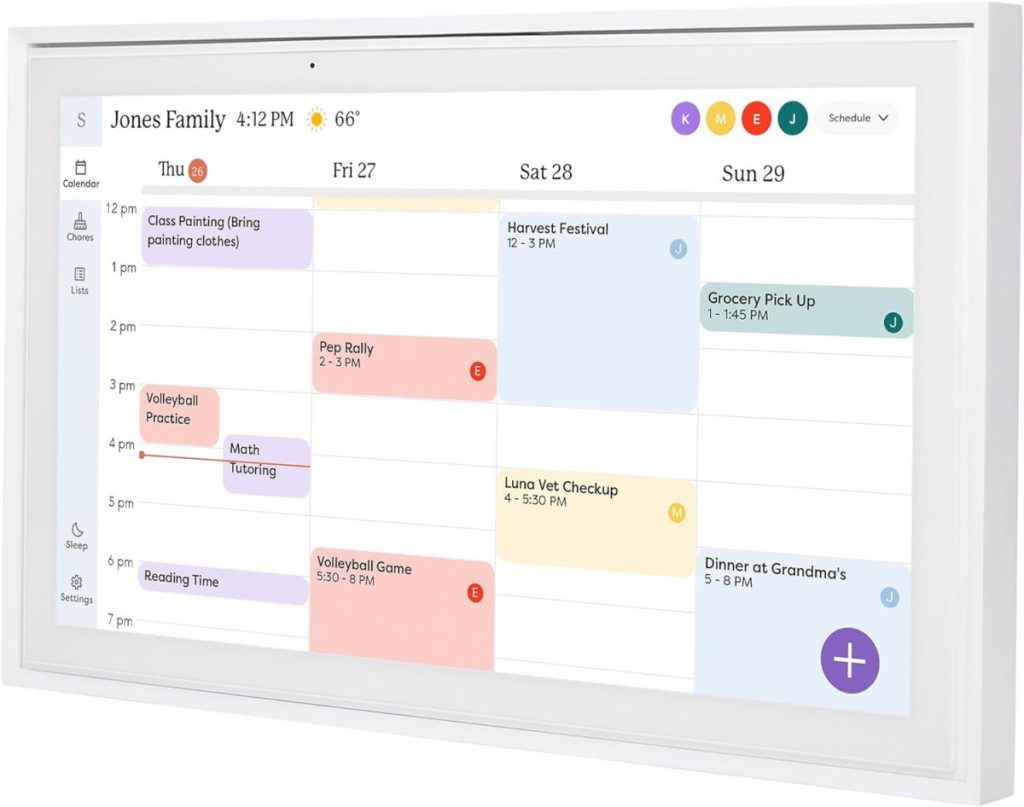 A smart display shows a family calendar with events scheduled from Thursday to Sunday, including an Amazon Prime movie night, class painting, pep rally, grocery pick-up, and dinner plans.