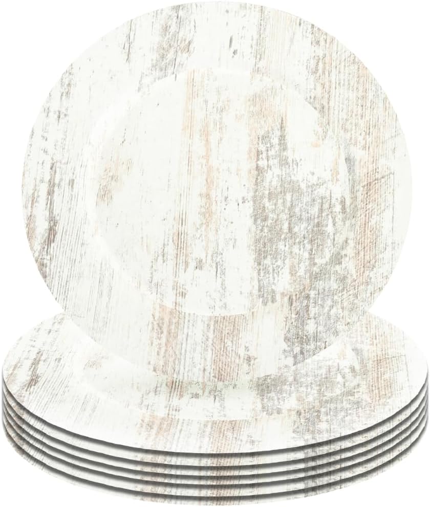 A stack of six plates with a rustic, weathered wood design on a white background makes for perfect Friendsgiving ideas, adding a touch of charm and warmth to your gathering.