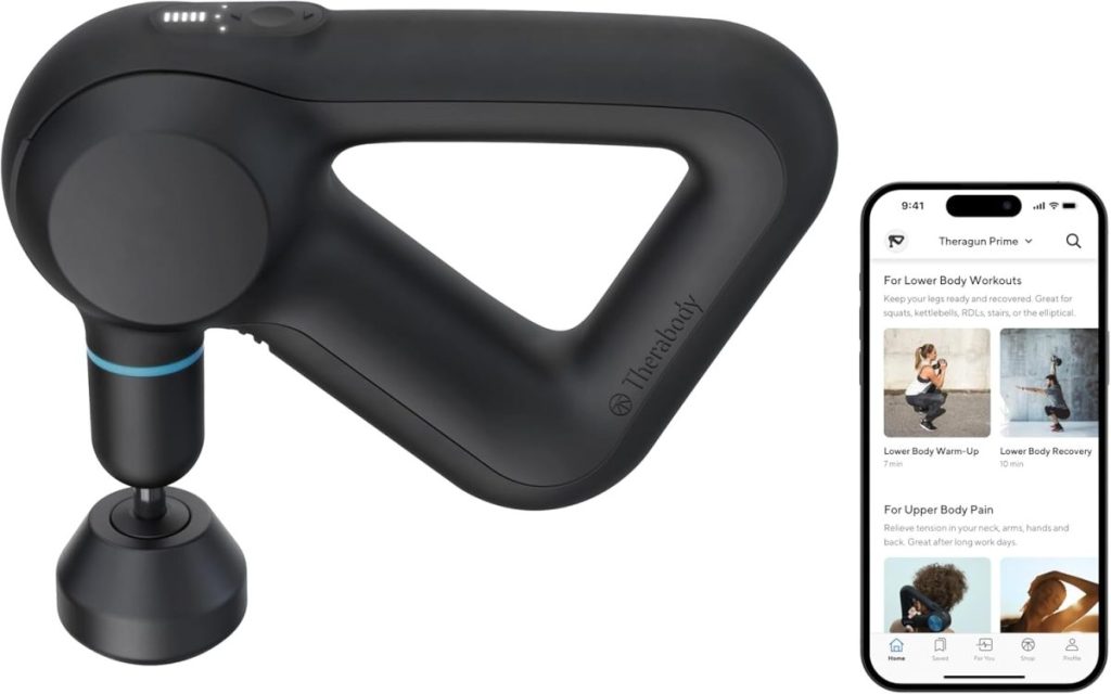 A black Theragun Prime massage device is displayed alongside a smartphone showing the Therabody app interface, perfect for finding relaxation after an Amazon Prime shopping spree.