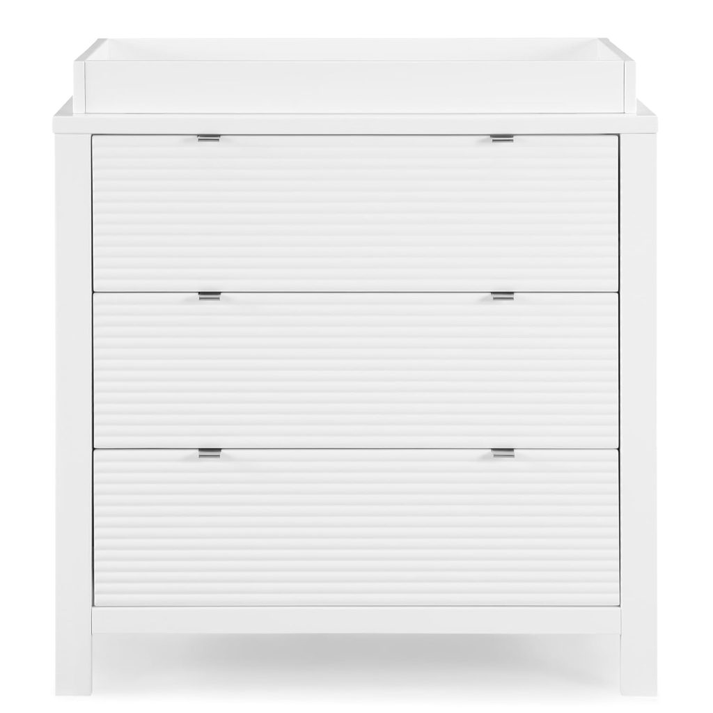 White three-drawer dresser with a ridged texture and minimalist design, available with fast shipping on Amazon Prime.