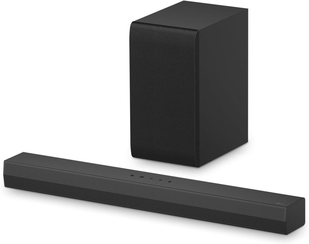 A black soundbar and subwoofer on a white background, now available with Amazon Prime for fast delivery.