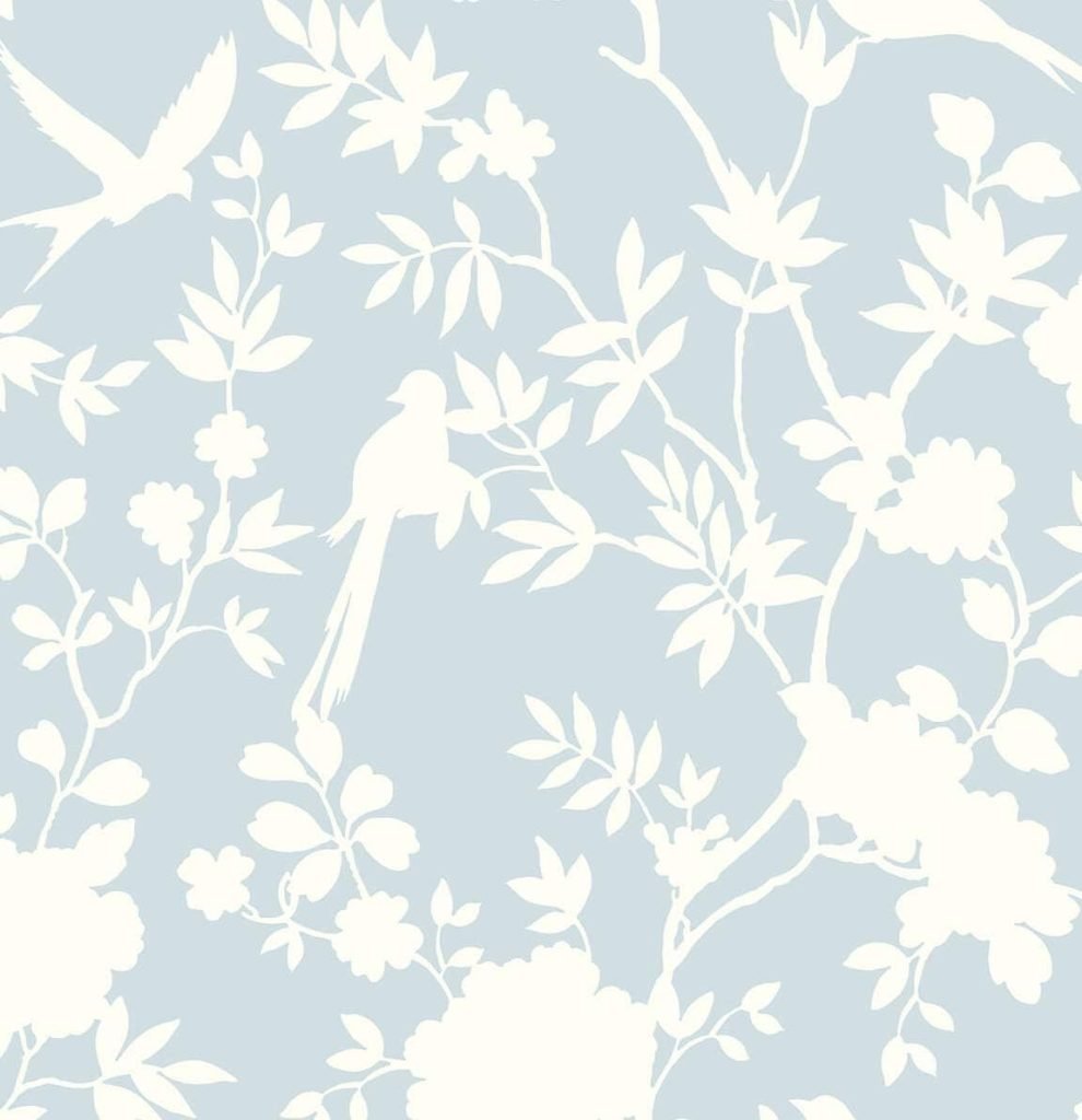 A blue wallpaper featuring white silhouettes of birds perched on branches amidst leaves and flowers.