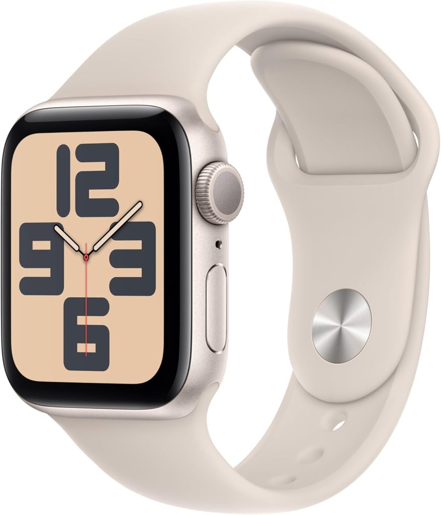 A smartwatch with a beige band and a digital clock face displaying large numbers, available for quick delivery through Amazon Prime.