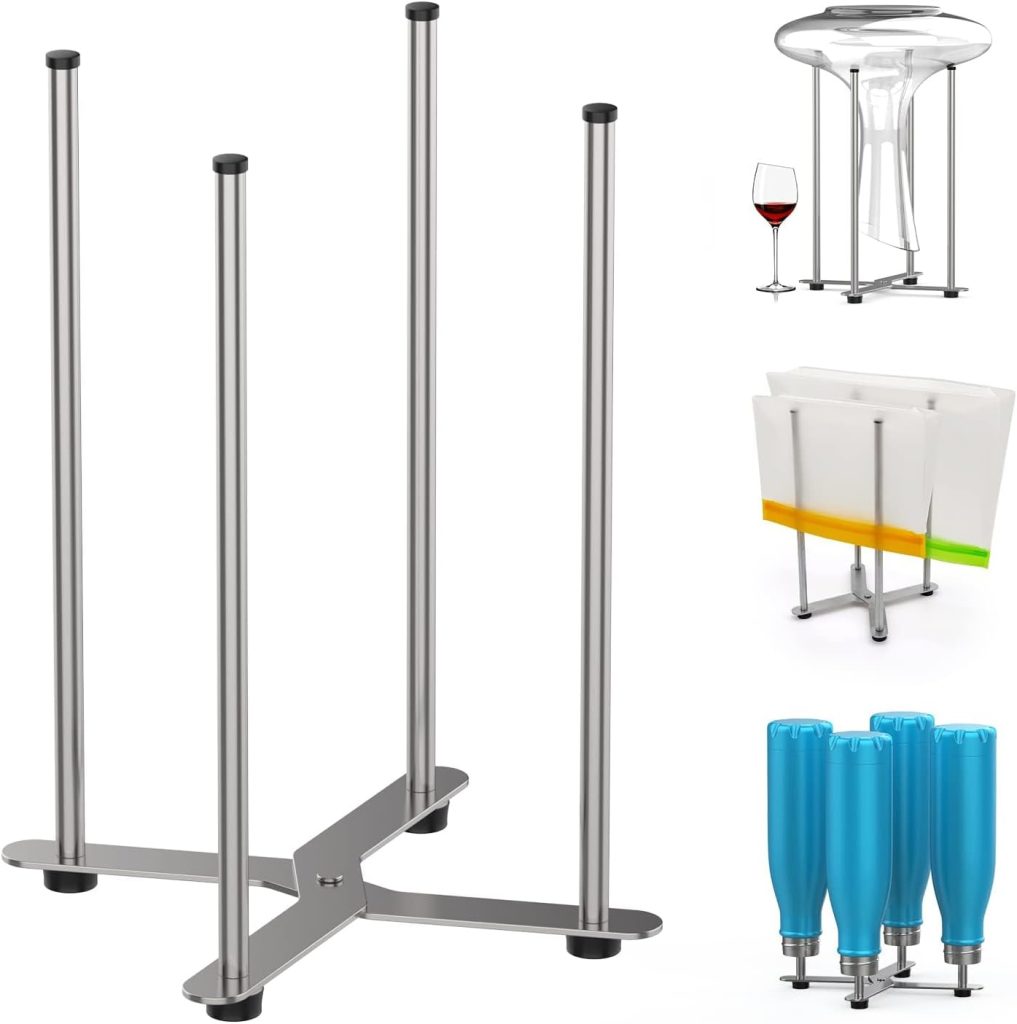 A stainless steel drying rack with four upright rods is shown, perfect for drying glasses, bags, and glass water bottles. Additional images depict its versatile use in various kitchen settings.