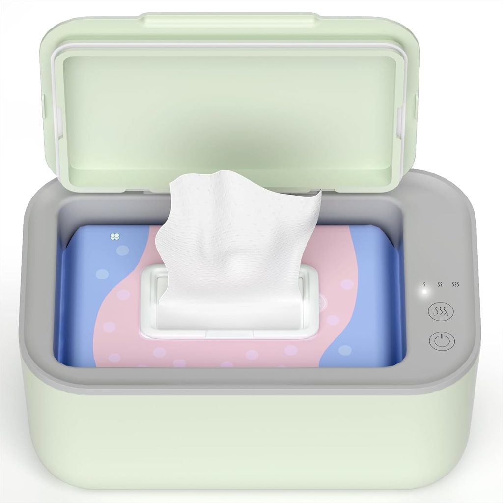 A green wet wipe dispenser with an open lid, showcasing a single wipe pulled through. The device features control buttons on the side and is available for quick delivery through Amazon Prime.