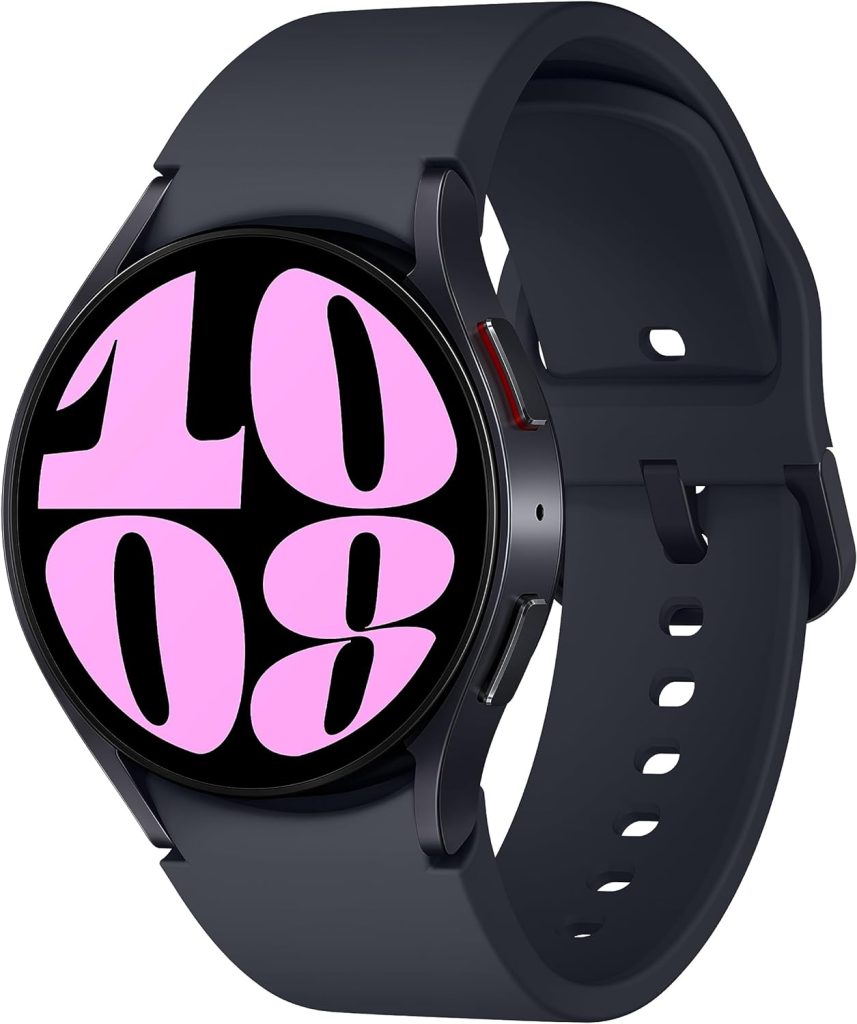 A sleek black smartwatch from Amazon Prime displays "10:08" in large, striking pink numbers on its screen.