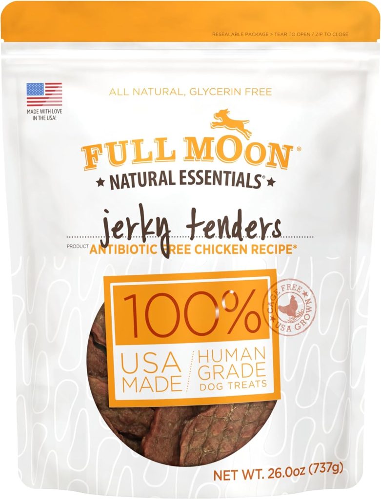 A package of Full Moon jerky tenders, antibiotic-free chicken recipe, proudly labeled 100% USA made, human-grade dog treats. Available with Amazon Prime for fast delivery. Net weight 26 oz (737g).