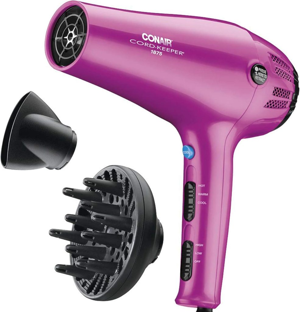 Pink Conair Cord-Keeper 1875 hair dryer with a concentrator nozzle and diffuser attachment, perfect for getting ready on the go, much like grabbing your favorite glass water bottle.