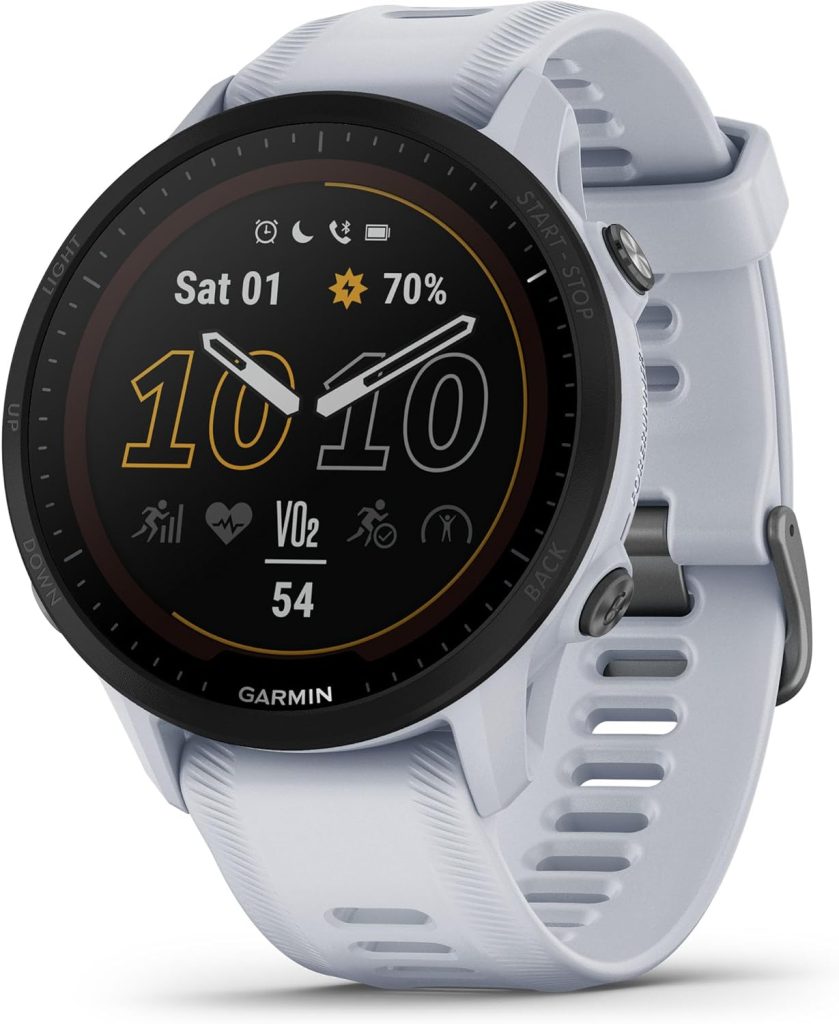 A smartwatch with a light gray band displays the date, time, battery percentage, and various fitness metrics on its round screen—order now for fast delivery with Amazon Prime.