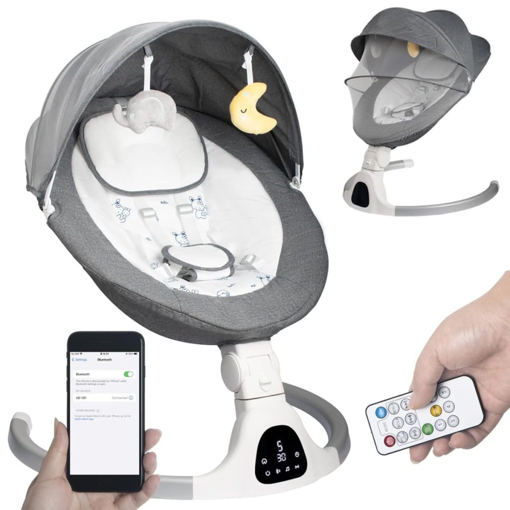 Baby swing with a canopy, digital control panel, and hanging toys. A hand holds a remote control, while a phone shows the Bluetooth app interface for settings. Available now on Amazon Prime for swift delivery.