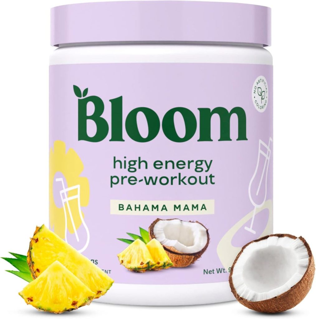 A container of Bloom high energy pre-workout in Bahama Mama flavor, available with Amazon Prime, featuring images of pineapple and coconut on the label and next to the container.