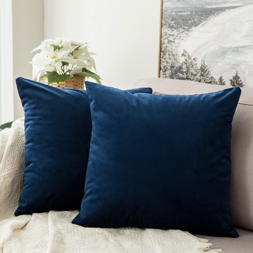 Two navy blue throw pillows rest on a beige couch with a white knitted blanket. A potted plant and a landscape painting are in the background.