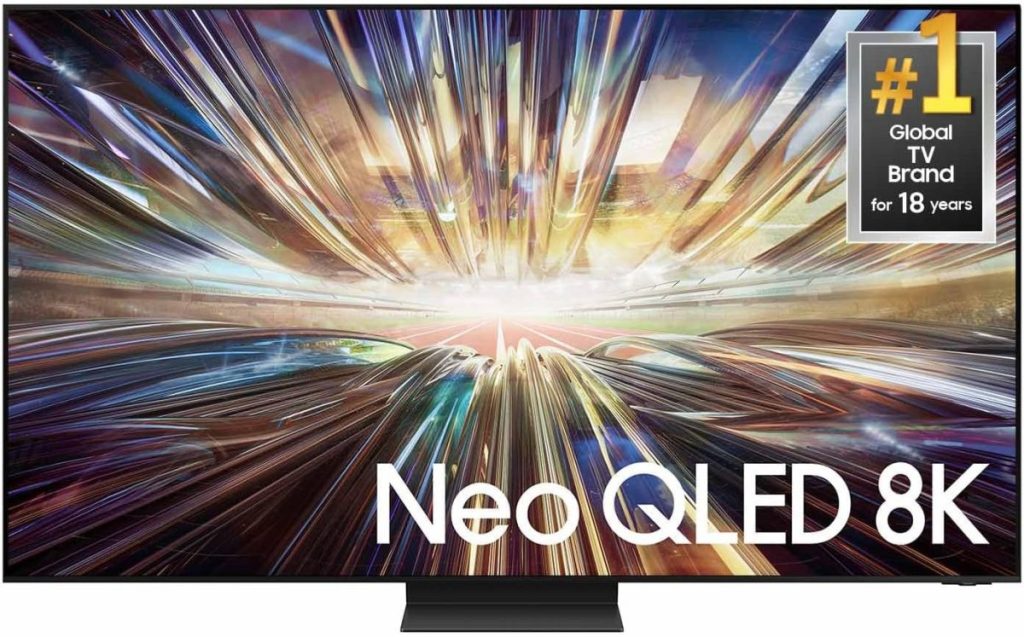 A Neo QLED 8K television displaying dynamic abstract graphics. The screen, ideal for streaming on Amazon Prime, highlights its status as a number one global TV brand for 18 years.