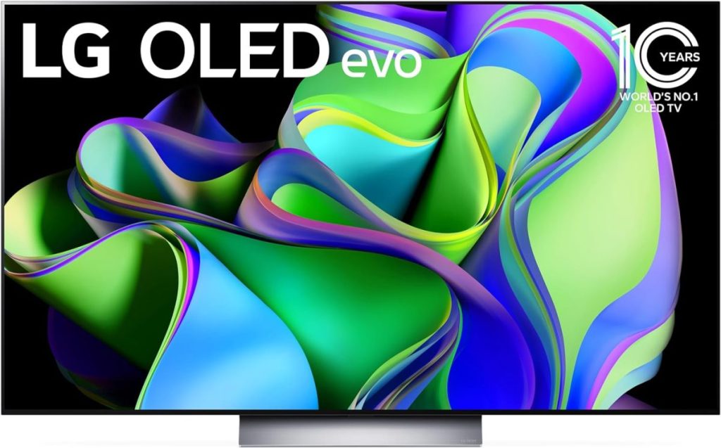 The LG OLED evo TV, available on Amazon Prime, features a colorful abstract display and has been recognized as the World's No. 1 OLED TV for 10 years straight.