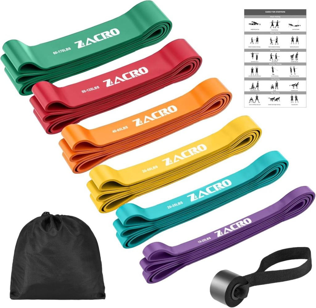 A set of colorful resistance bands labeled with tension levels, featuring a black pouch, door anchor, and exercise guide. Available on Amazon Prime for quick delivery to elevate your workout routine effortlessly.