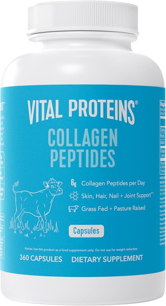 Blue and white container of Vital Proteins Collagen Peptides capsules, available on Amazon Prime, featuring benefits for skin, hair, nails, and joint support. Contains 360 capsules.