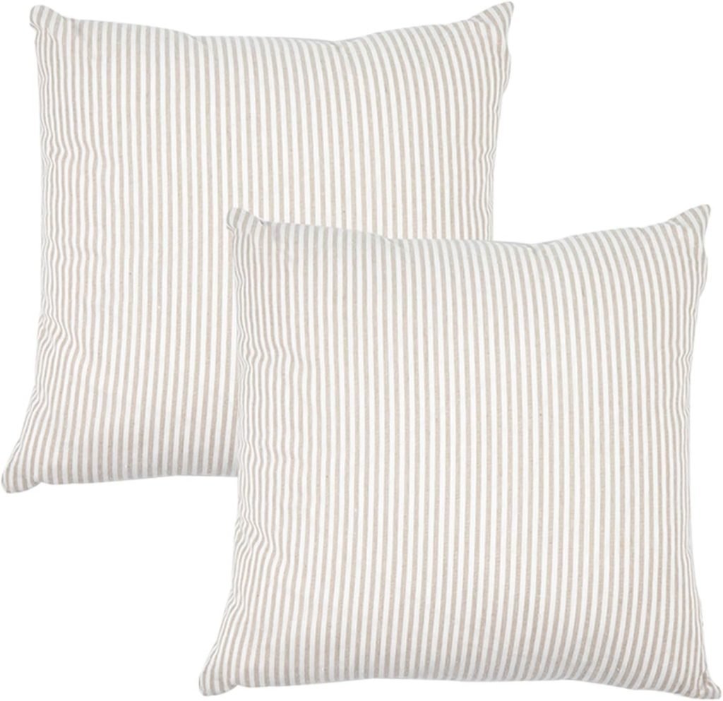 Two striped square pillows with a white and beige pattern are placed against a plain background.